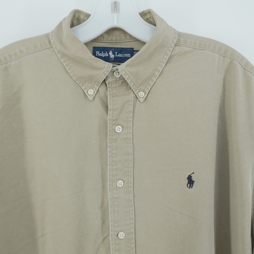 Ralph Lauren Button Down Shirt Mens L Tan Blake Cotton Long Sleeve Khaki Pony